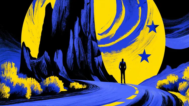 Abstract artwork depicting European governance decline with stars and a lone figure.