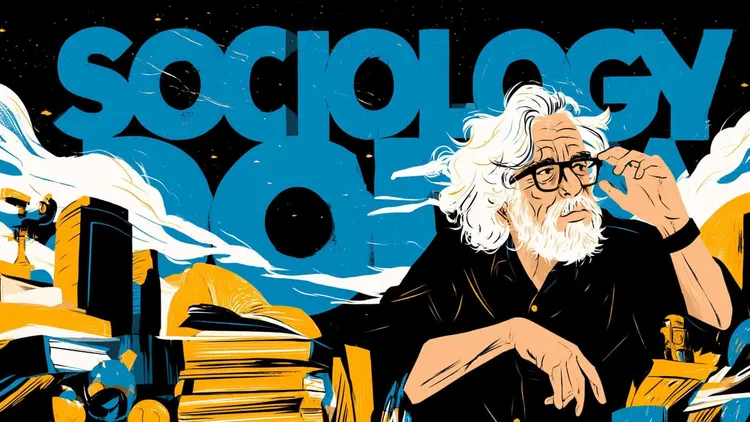 Illustration of an elderly man with glasses and white hair in a scholarly setting.