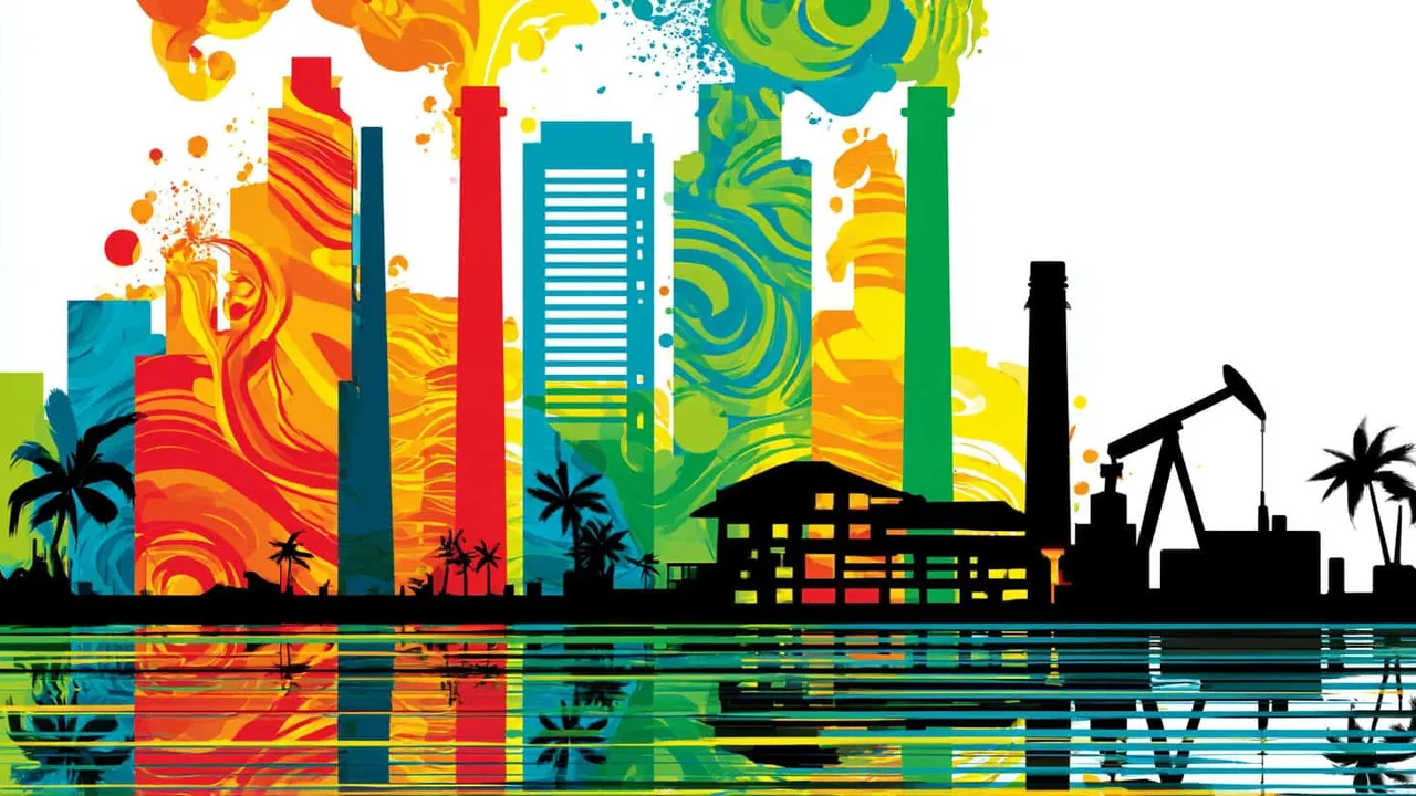 Colourful illustration of a fossil fuel power plant with smoke stacks and oil rigs.