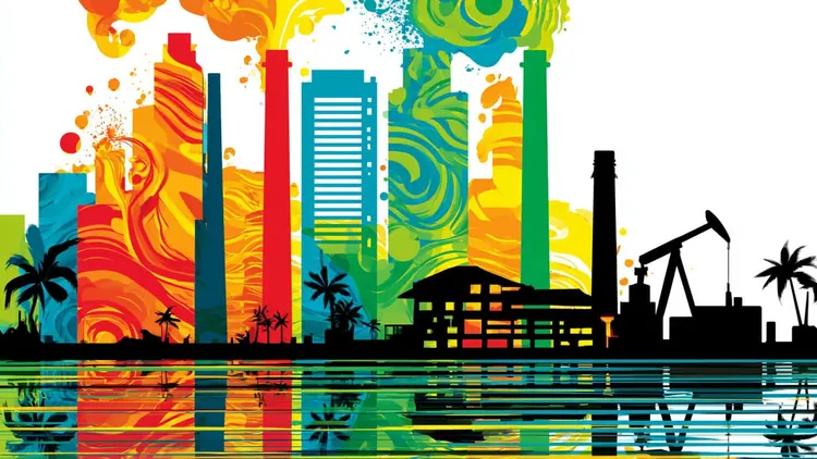 Colourful illustration of a fossil fuel power plant with smoke stacks and oil rigs.