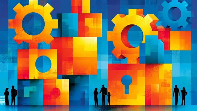 Colorful gears and silhouettes of people representing collaboration and innovation.