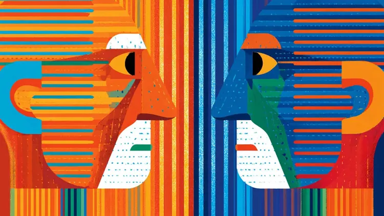Colourful abstract faces facing each other with geometric patterns.