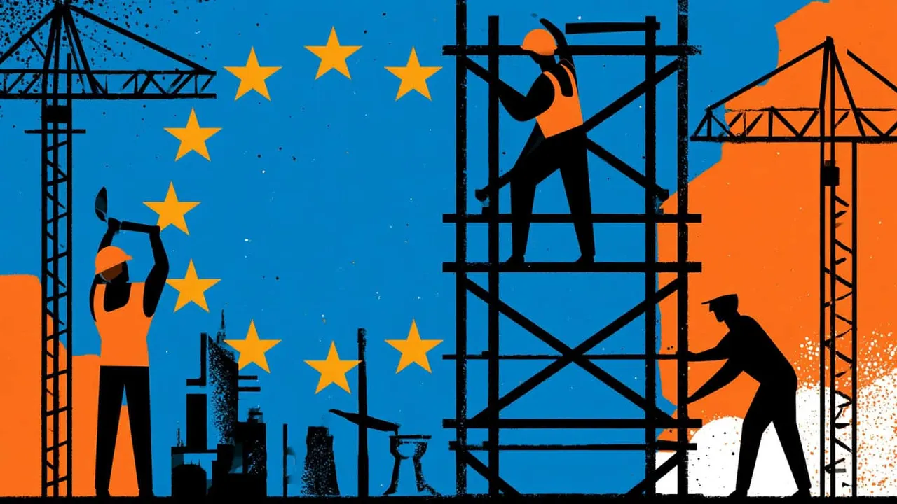 Illustration of construction workers building Europe with cranes and scaffolding.