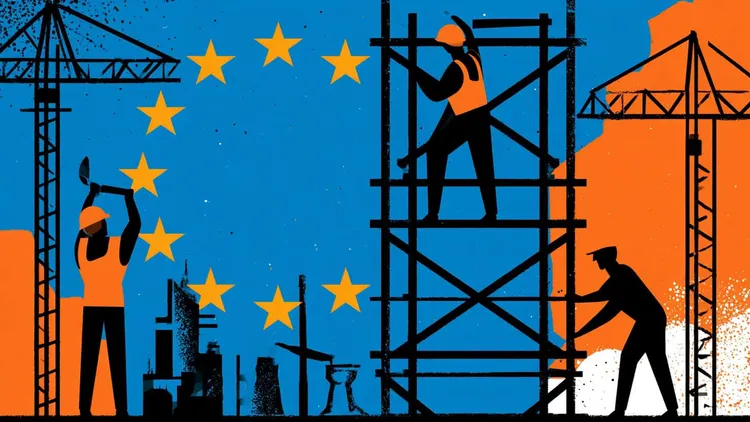 Illustration of construction workers building Europe with cranes and scaffolding.