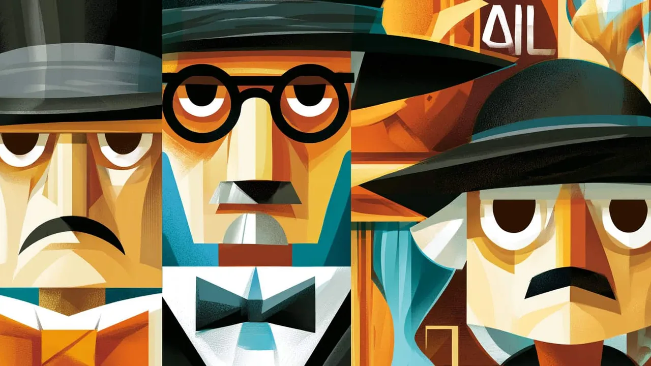 Art deco detectives with hats and mustaches in a geometric style.