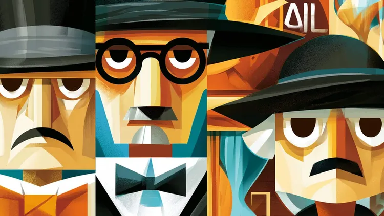 Art deco detectives with hats and mustaches in a geometric style.