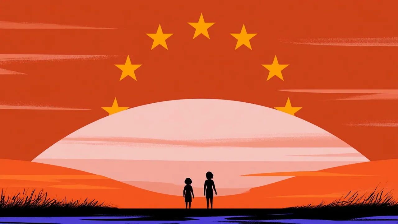 Silhouettes of two children watching a sunset with EU stars in the sky.