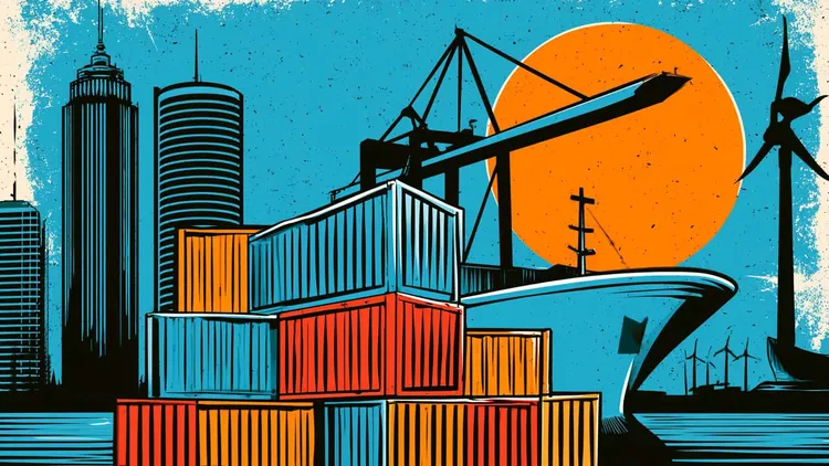 Cargo containers at a port with a ship and cranes under a setting sun.