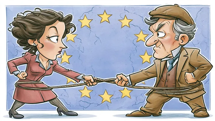 Cartoon of woman and man in conflict with EU stars background.