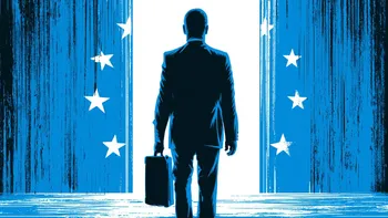 Businessman standing at a door with European Union flags, symbolising economic choices.