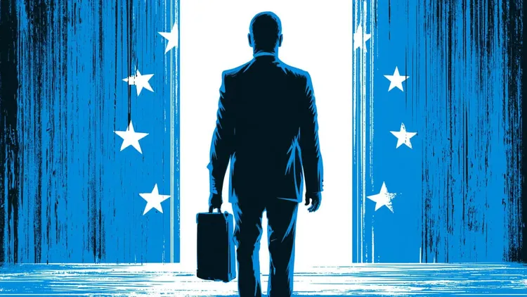 Businessman standing at a door with European Union flags, symbolising economic choices.
