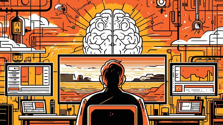 Futuristic illustration of a person with a brain and AI technology interfaces.