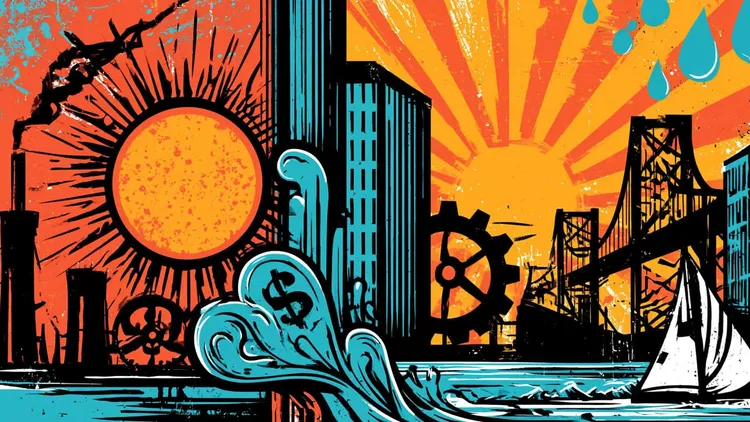 Urban cityscape with sun, water, and industrial elements for Social Europe.