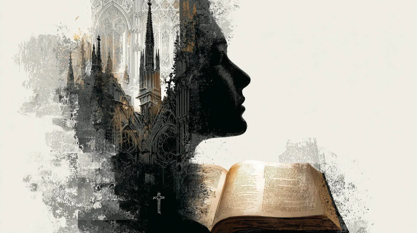 Silhouette of a woman's profile with church and cathedral elements.