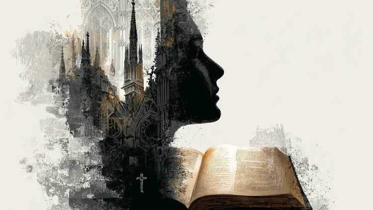 Silhouette of a woman's profile with church and cathedral elements.