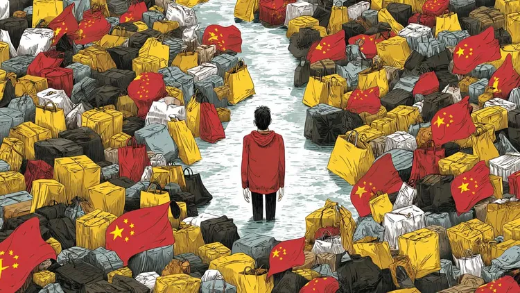 Person standing among numerous packed suitcases with Chinese flags.