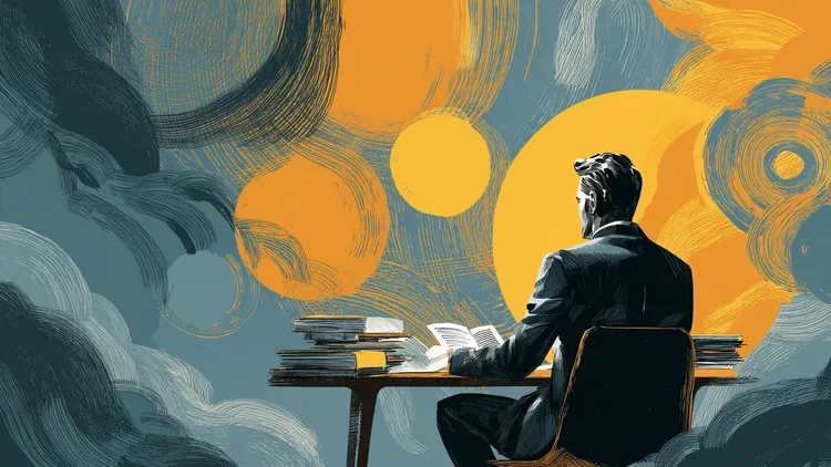 Stylized digital art of a man reading at a desk with swirling background.
