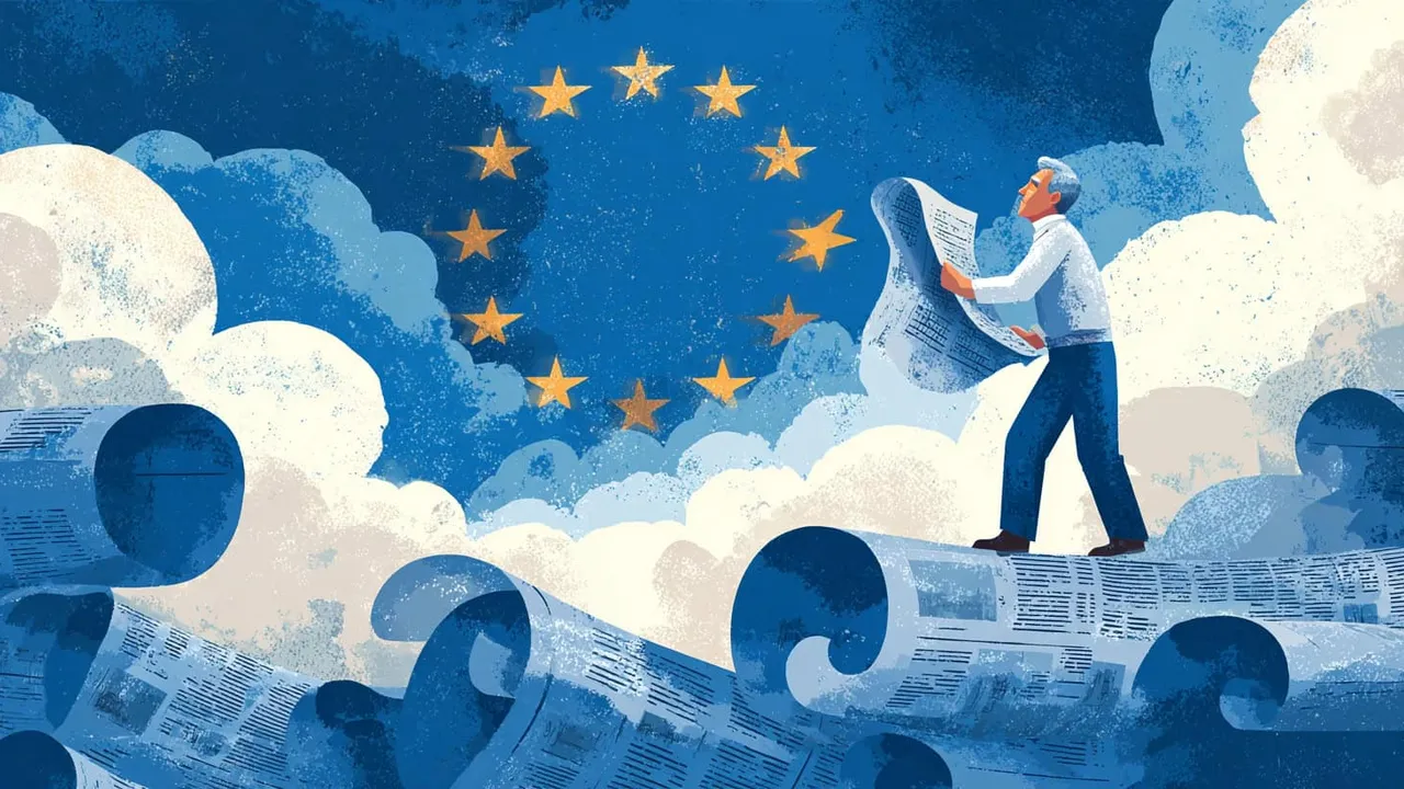 European Union flag with a man reading a newspaper amidst clouds and scrolls.