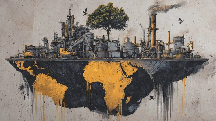 Industrial oil platform with a world map painted underneath, symbolising global oil industry.
