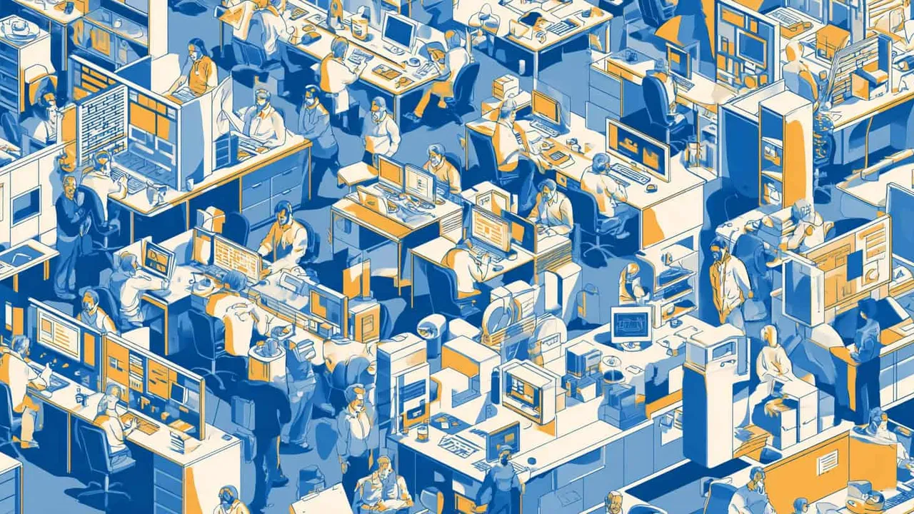 Crowded office with employees working at desks and computers.