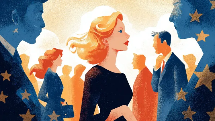 Illustration of professional women and men in a European business setting.