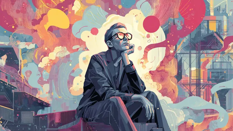 Man with glasses sitting pensively amidst colourful abstract city background.