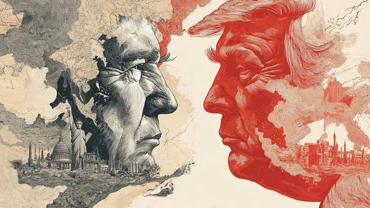 Illustration of US and China faces with Middle East background.