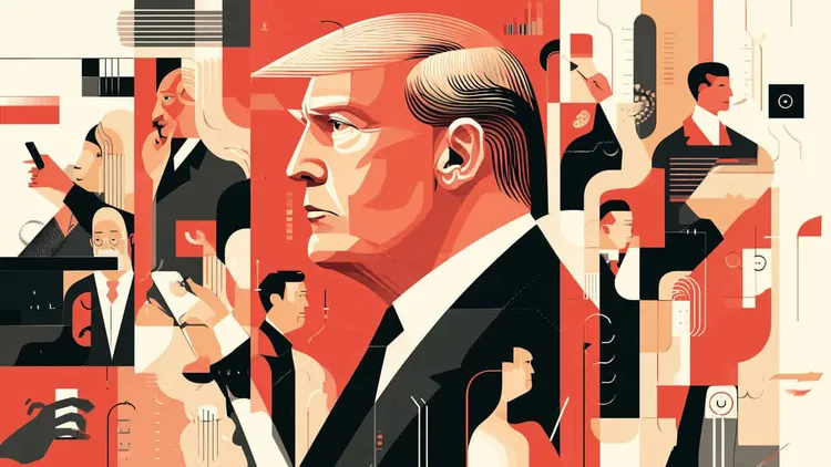 Stylized digital illustration of Donald Trump surrounded by diverse figures using smartphones.