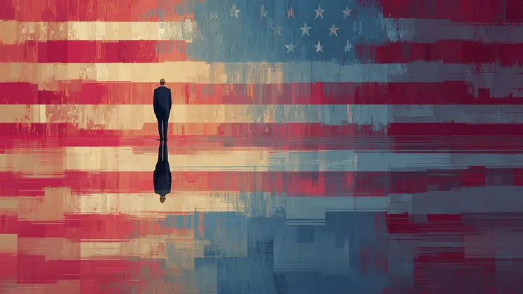 Businessman standing before an American flag reflection with a serious tone.