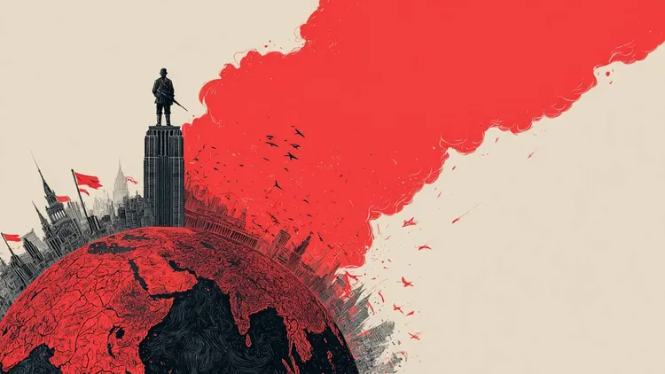 A figure stands on a skyscraper overlooking a cracked globe with red smoke.