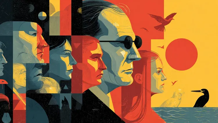 Illustration of diverse faces representing populism and technology themes.