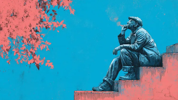 Man sitting on stairs, deep in thought, with autumn leaves nearby.