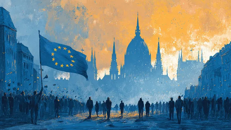 European Union flag flying in front of Budapest Parliament building.
