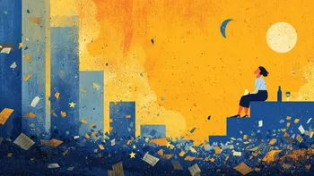 Woman sitting on stairs overlooking a cityscape with a large sun.