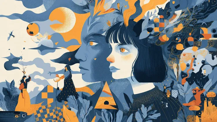 Surreal artwork depicting human faces surrounded by abstract elements and animals.