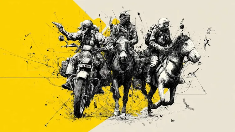 Protesters on motorcycles and horses in a dynamic, artistic style.