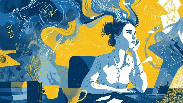 Woman at desk contemplating, surrounded by chaotic office environment.