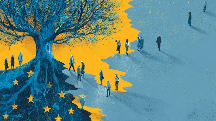 Illustration of a tree with European stars and people walking around it.