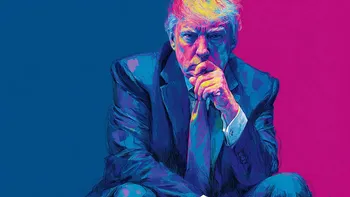 Stylised portrait of Donald Trump with thoughtful expression.