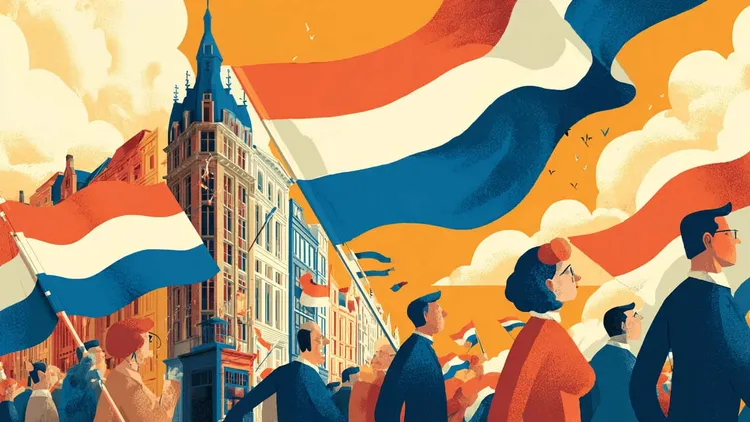 People protesting with Dutch flags in front of historic building.