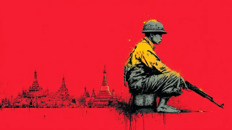 Soldier sitting with rifle against red background and Myanmar temples.