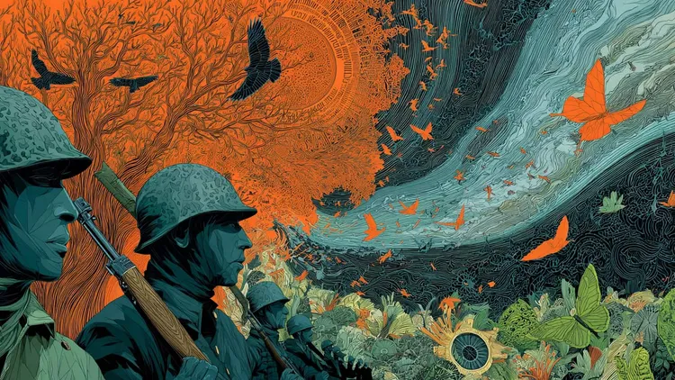 Soldiers in a lush landscape with vibrant butterflies and a swirling sky.