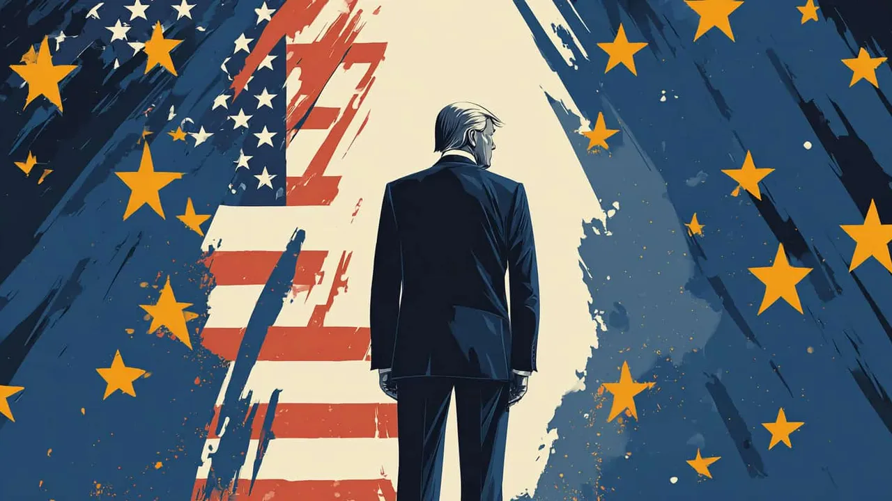 A man in a suit stands between American and European flags, symbolising political differences.