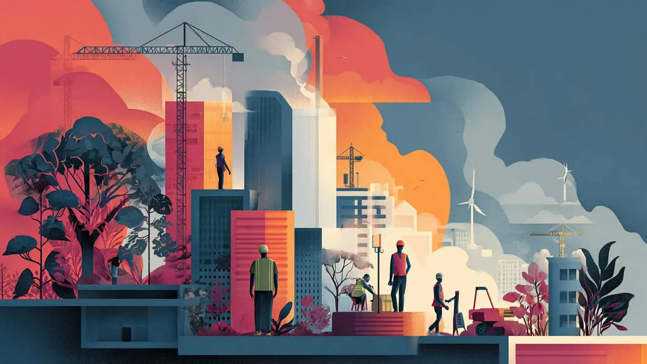 Cityscape with construction, wind turbines, and pollution.