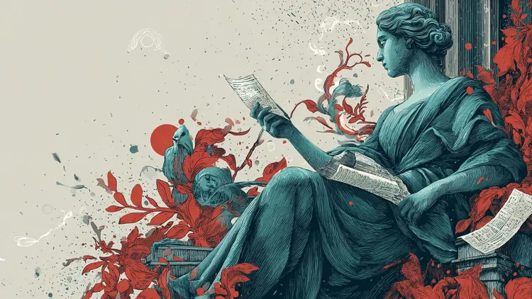 Classical statue of a woman reading, surrounded by abstract red and grey elements.