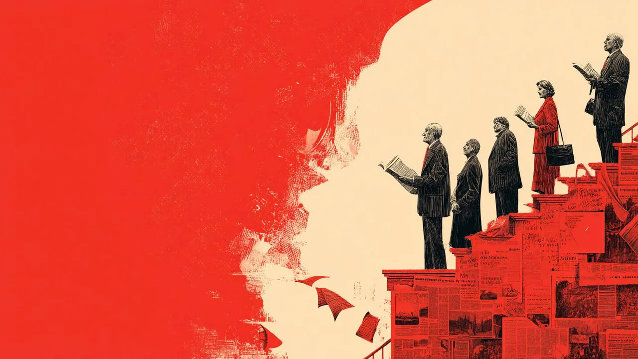 European politicians reading on red stairs, symbolising cautious political approach.