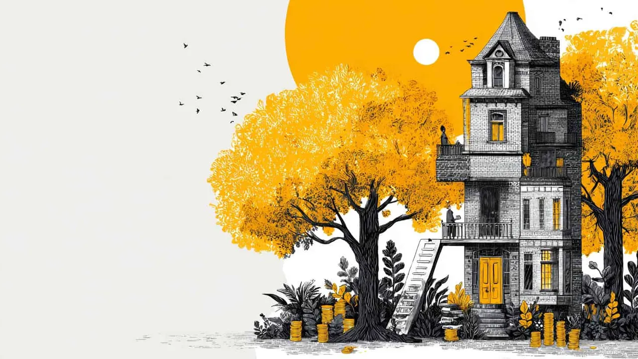 Illustration of a house with autumn trees and coins, symbolising social issues.
