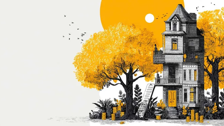 Illustration of a house with autumn trees and coins, symbolising social issues.