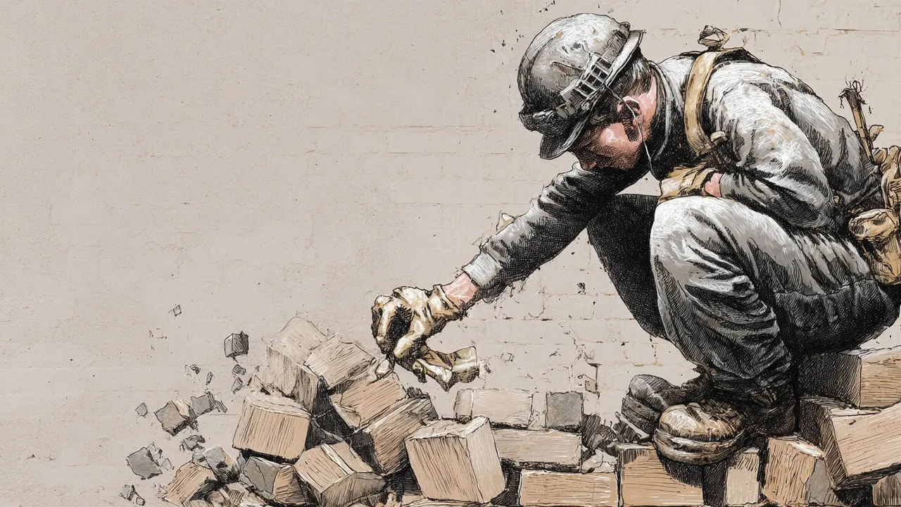 Graffiti of a worker breaking bricks, symbolising labour and resilience.