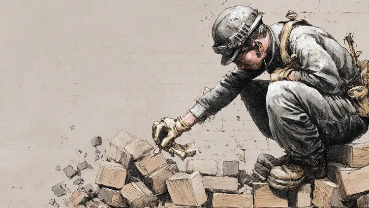 Graffiti of a worker breaking bricks, symbolising labour and resilience.